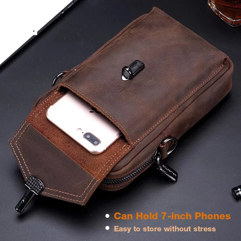 (image for) BULLCAPTAIN Genuine Leather Men's Waist Bags Crossbody Bages Multifunctional 7-inch Mobile Phone Practical Bag for Male Casual Shoulder Messenger Bages
